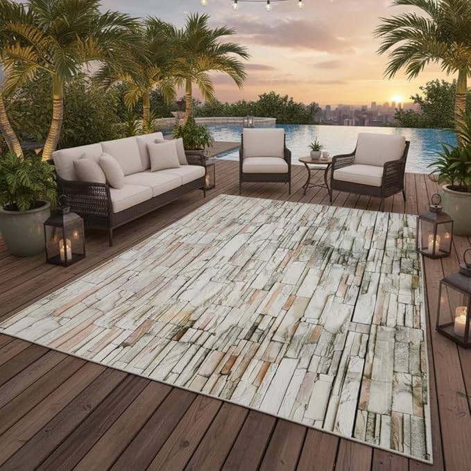 Natural Rustic Brick Stone Wall Pattern Outdoor Rug 10x14 Beige Grey Distressed Stones Texture Waterproof Large Area Rug for Patio Deck Porch Balcony Backyard Camping Washable Foldable Thin Carpet Mat