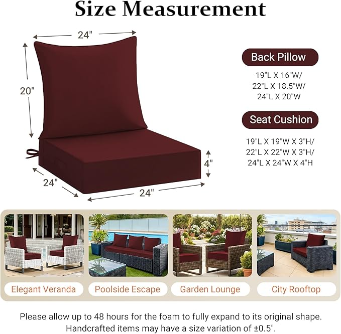 downluxe 24x24 Outdoor Chair Cushions, Waterproof Fade Resistant Patio Furniture Cushions with Handle & Removable Cover, Deep Seat Outdoor Cushions for Sofa, Couch and Patio Chairs, Burgundy