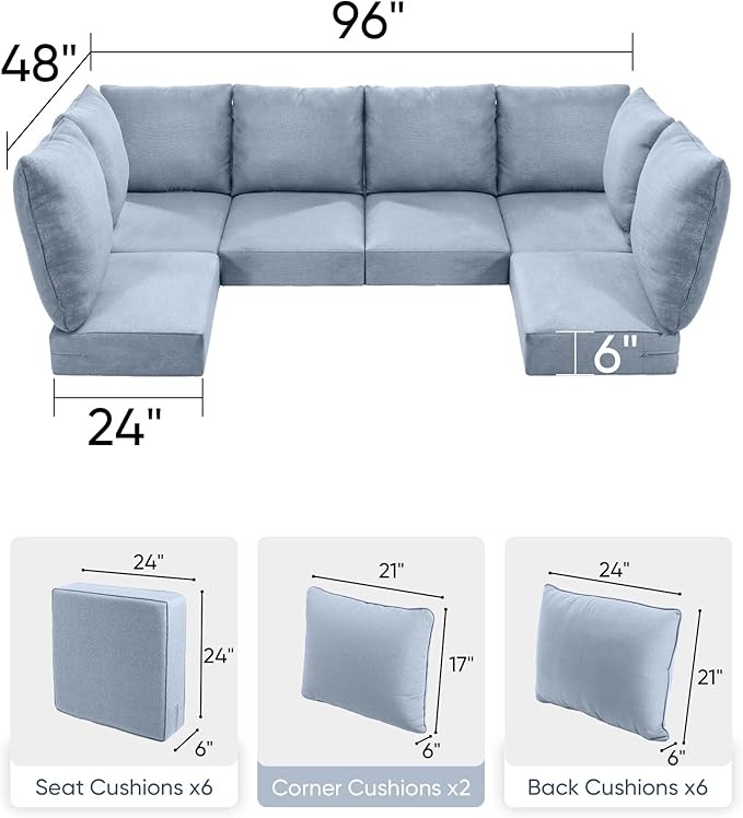 Luxury 24x24x6 Outdoor Seat Cushions for 6-Seat Sectional Sofa Set of 6 - Water-Repellent 14-Piece Patio Cushion Set for Outside Wicker Loveseat Chair L-Shape Couch - Baby Blue/Classic