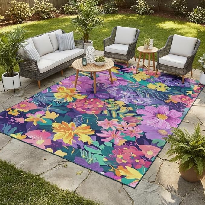Vibrant Floral Outdoor Rug 7x9 Modern Washable Outdoor Area Rug for Patio Porch Deck Balcony Courtyard Tropical Boho Purple Pink Yellow Flowers Carpet Waterproof Durable Backyard Garden Large Rugs