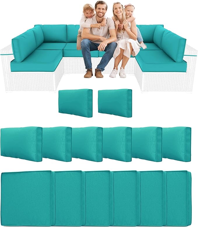 14 Piece Outdoor Sectional Cushions, Water-Resistant Outdoor Sofa Cushions Replacement, 4" High Density Foam Patio Furniture Cushions Fits 6-seat Rattan Conversation Set (Lake Blue)