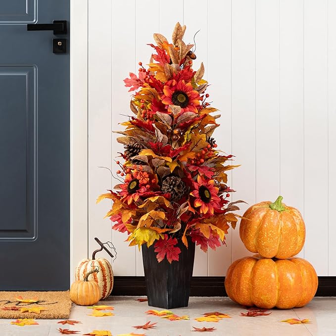Glitzhome 2 PCS 36”H Fall Porch Tree, Harvest Artificial Porch Tree with Sunflower, Pinecone and Berry Porch & Black Planter, for Autumn Fall Harvest Thanksgiving Christmas Decoration