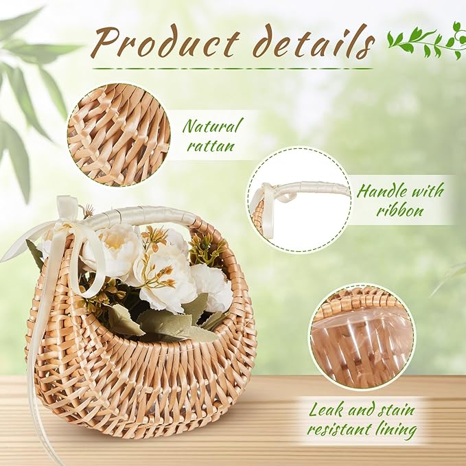 Taiyin Rattan Flower Girl Basket Small Half Moon Straw Wicker Basket with Handle Ideal for Wedding Flower Girl,Picnic,Garden Storage and Home Decor(White Ribbon)