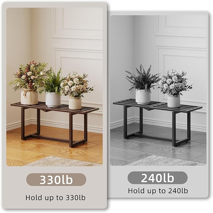 Modern Indoor Plant Stand for Living Room Corner, Foldable Metal Plant Display Shelf for Multiple Pots,Mid Century Slatted Bench for Patio, Garden Load Bearing 330 lbs 26" L x 10.4" H x 8.6" W 2 Pack Coffee