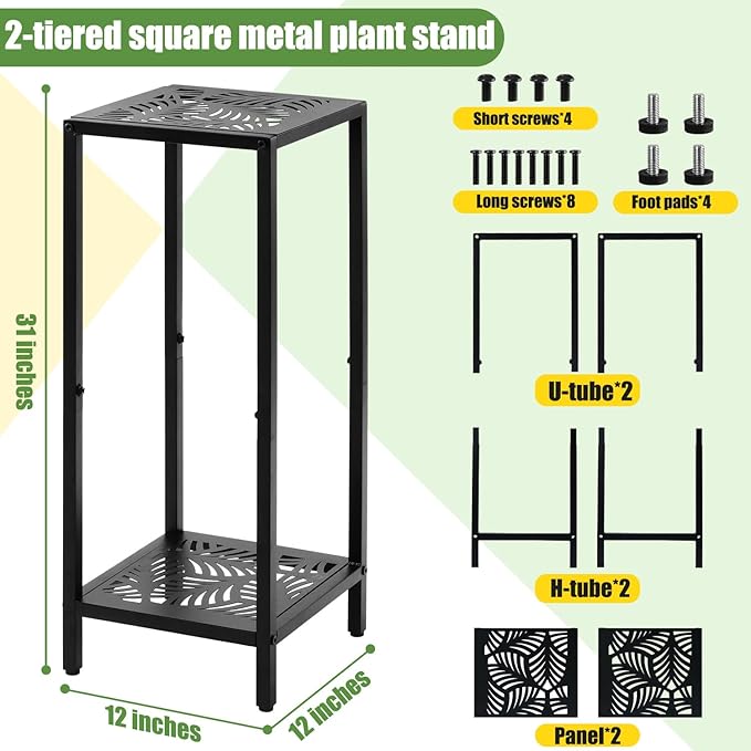 Party Zealot 2-Tier Tall Metal Square Plant Stand Heavy-Duty Modern Flower Pot Rack for Indoor Living Room, Corner Side Table for Outdoor Patio, Garden, and Balcony Black, 12" D x 31" H