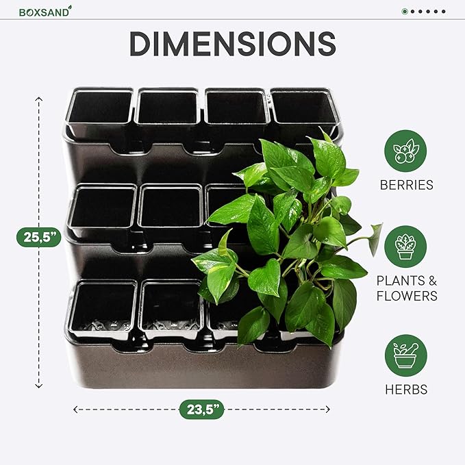 BOXSAND-12 Vertical Wall Planter (24"x26", Black with Square Pots) – Living Wall for 12 Plants, Indoor/Outdoor Vertical Garden System, Easy 2-Screw Install