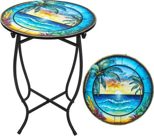 Patio Side Table, 14 Inch Weather Resistant Metal Side Table，Side Table for Patio Yard Porch Balcony Garden Bedside Plant Stand Indoor Outdoor ，Small Round Outdoor End Table