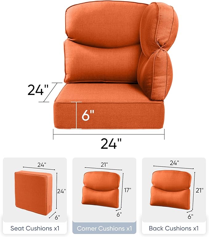 Luxury 24x24x6 Outdoor Corner Cushion 1 Set - Water-Repellent 3-Piece Cushion Set with Zipper for Outside Rattan Wicker Sofa Loveseat Chair Sectional Patio Conversation Sets - Orange/Smile
