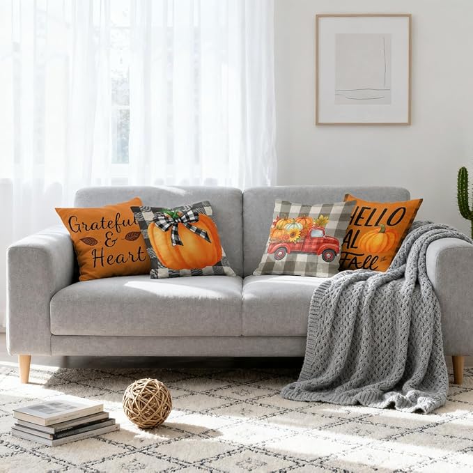 Autumn Harvest Pillow Covers 18x18 inch Set of 4, Pumpkin Truck Buffalo Plaid Fall Art Throw Pillow Covers Farmhouse Cushion Case Decor for Sofa Couch