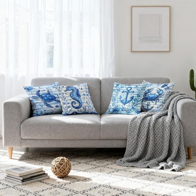 Ocean Pillow Covers 18x18 inch Set of 4, Blue Seahorse Coral Watercolor Nautical Cushion Case Outdoor Sofa Throw Pillows Cover Garden Pillow Covers for Couch Living Room Bed Indoors Home Decor