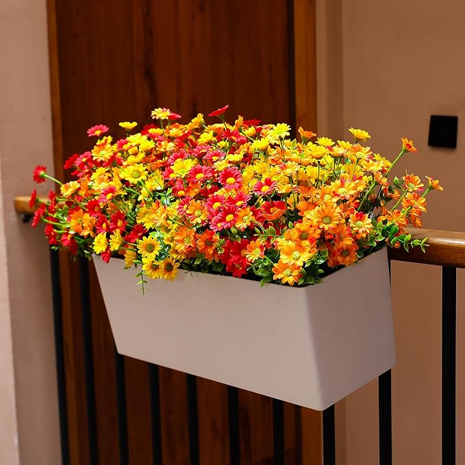 alyptus Faux Flowers Outdoor Artificial Flowers – 12 Bundles UV Resistant Fake Flowers for Spring Summer Planter Porch Patio Yard Garden Decoration(Red 5, Orange 5, Yellow 2)