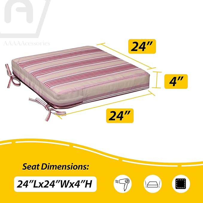 AAAAAcessories Outdoor Seat Cushions for Chairs, Waterproof, Fade-Resistant, 24" x 24" x 4", Patio Furniture Replacement Cushions, Set of 2, Dusty Rose Garden Stripe
