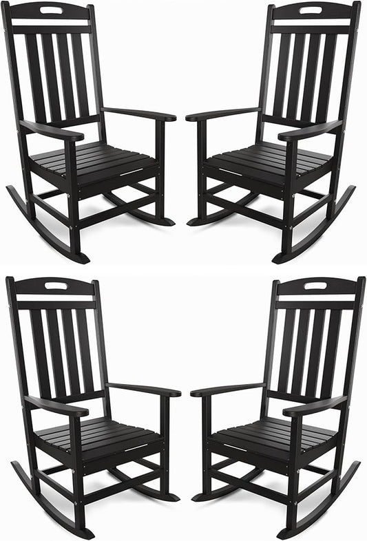 Outdoor Rocking Chair Set of 4, All-Weather Resistant Poly Lumber Rocker Chair Outdoor, High Back Plastic Patio Rocking Chairs for Outside Porch Rocker Garden Lawn, Black