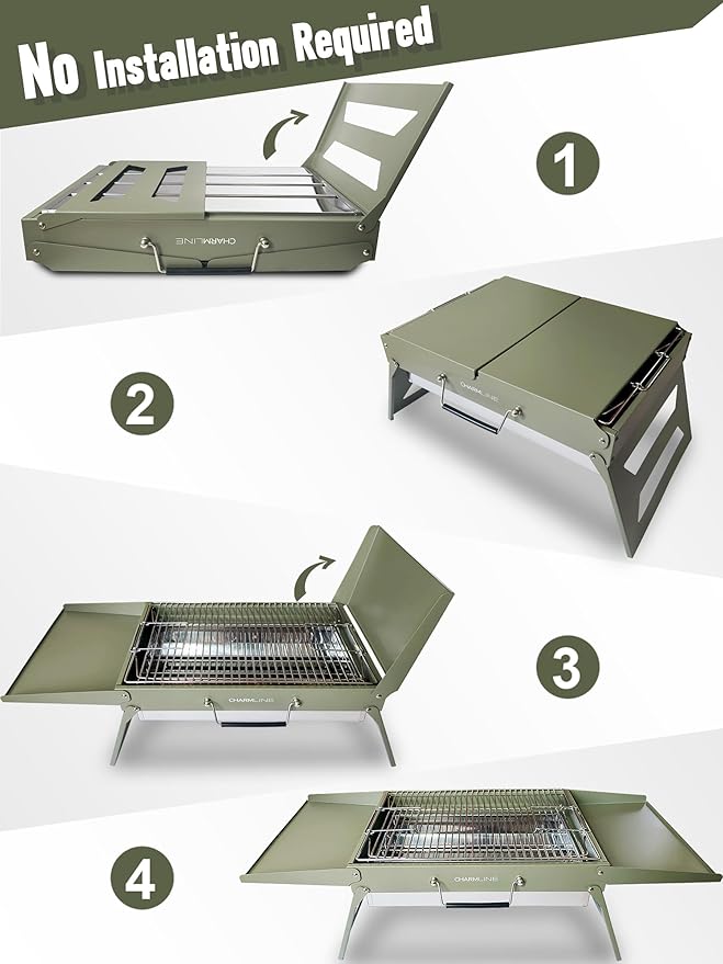 Charmline 20x14 inches Big Portable Charcoal Grill, Compact Grill with Liftable Grilling Net, Saving Space Barbeque Grill for Camping, Picnics, Gardens and Beach Parties, Green, Max