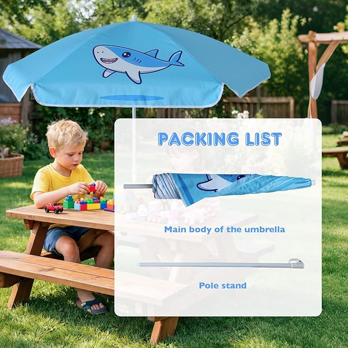 AMMSUN 5ft Seaside Umbrella for Sand Box Water Table - Kids Durable Umbrellas for children Picnic Beach Camping Garden Outdoor Play Shade (5ft Light Blue Shark)