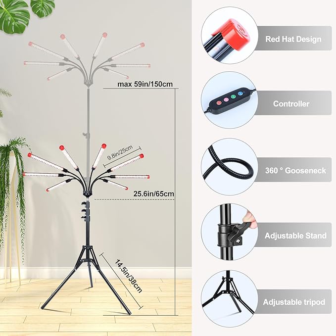 FECiDA Gamechanger! 72 Watt Power Draw, NO Need Adapter, 8Head Grow Light with Tripod Stand, 2026 Big Coverage LED Grow Lights for Indoor Tall Plants, Bonsai Tree, 4/8/12/16/20H Timer