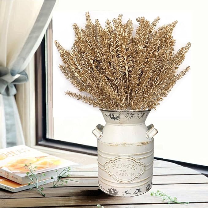 CATTREE Artificial Plants for Christmas Decoration, Plastic Grass Faux Shrubs Fake Lavender Leaves Simulation Wheat Ears Bushes Home Indoor Garden Wedding Hall Table Planter Filler - Gold 2 Pcs