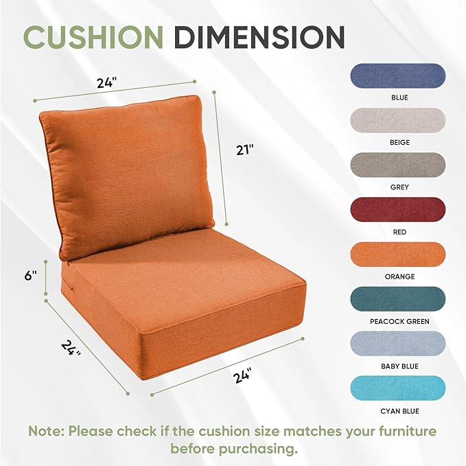 Outdoor Chair Cushion Set, 24x24 Waterproof Patio Chair Cushion, 6" Thickened Seat Cushion for Outdoor Chair and Couch, Include 1 Back & 1 Seat Cushion, Thick/Orange