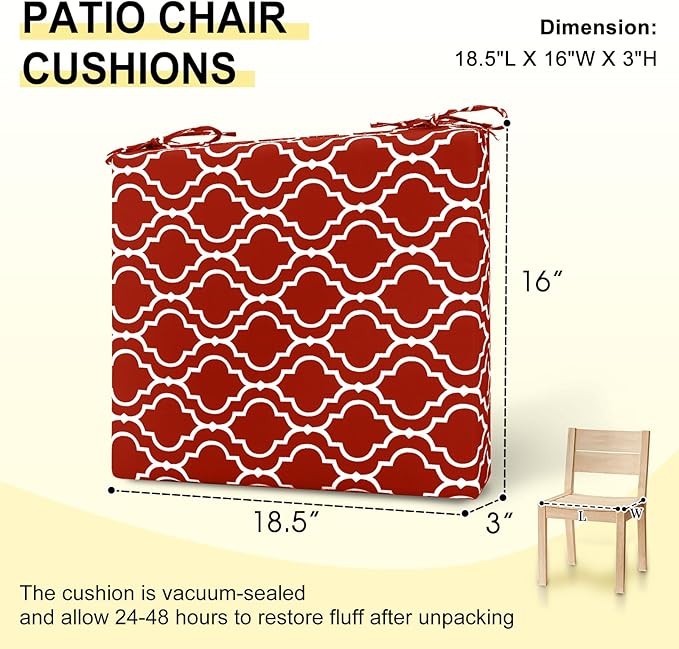 downluxe Outdoor Chair Cushions Set of 4 for Patio Furniture, Water-Resistant Square Corner Patio Chair Cushions with Ties, High Density Foam Outdoor Seat Cushion, 18.5" X 16" X 3", Red Gourd