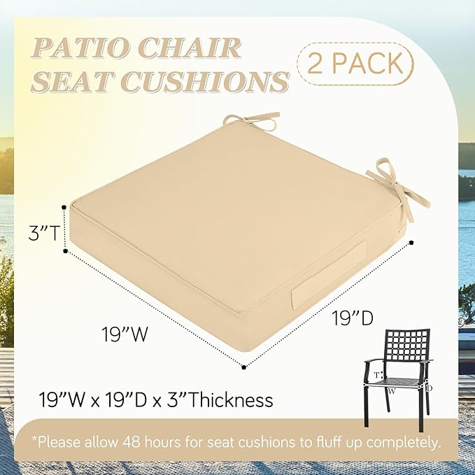 Waterproof Outdoor Chair Cushions Set of 2, Square Outdoor Seat Cushions with Ties and Removable Covers, 19 x 19 Outdoor Cushions for Patio Furniture with Portable Handle(Beige)