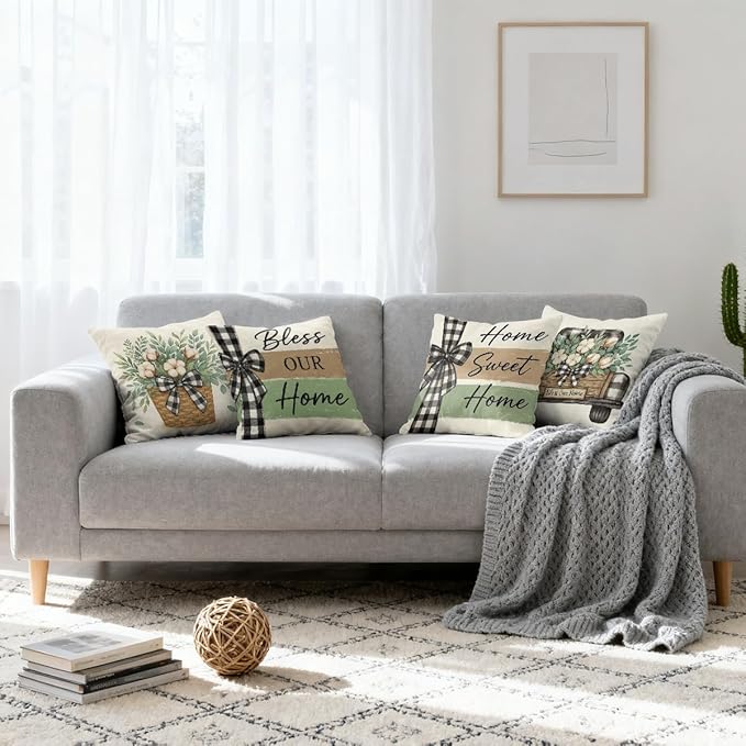 Farmhouse Pillow Covers 18x18 inch Set of 4, Plaid Bow Home Throw Pillow Covers Farmhouse Cushion Case Decor for Sofa Couch