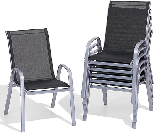 Patio Chairs Set of 6, Easily Set Up Stackable Outdoor Dining Chairs with High Back and Wide Seat, All Weather Breathable Outdoor Chairs Set of 6 with Metal Frame for Backyard Deck Pool, Black