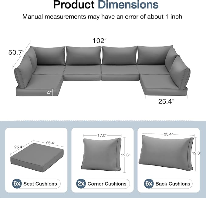 HOMREST Replacement Cushions for Outdoor Furniture, 25x25 Inch 14-Piece Patio Furniture Cushions, Waterproof Fade Resistant Non-Slip Cushion Set for 6-Seat Rattan Wicker Conversation Sets, Dark Gray