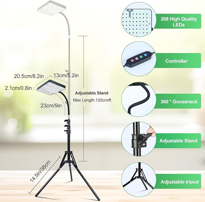 2026 Grow Light with Stand, 4/8/12/16/20H Timer, 25 Watt Power Draw, NO Need Adapter, Bright Enough for Indoor Tall Plants, Bonsai Tree, Daisy Chain Function, 40"-64" Height Adjustable