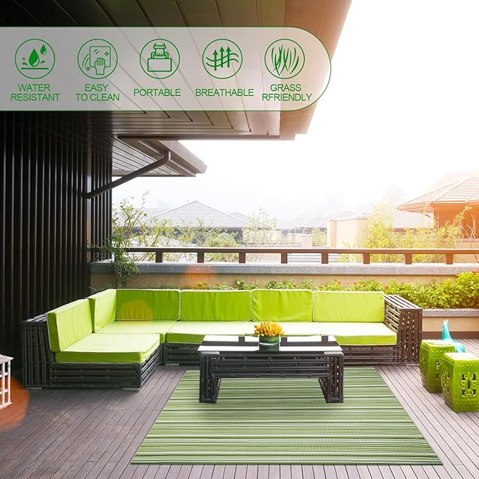 Reversible Outdoor/Indoor Plastic Rug Plastic Straw Rug Waterproof Portable Mat, Easy to Clean and Fold,Perfect for Garden, Patio, Picnic, Decking-（Green，8x10Ft）