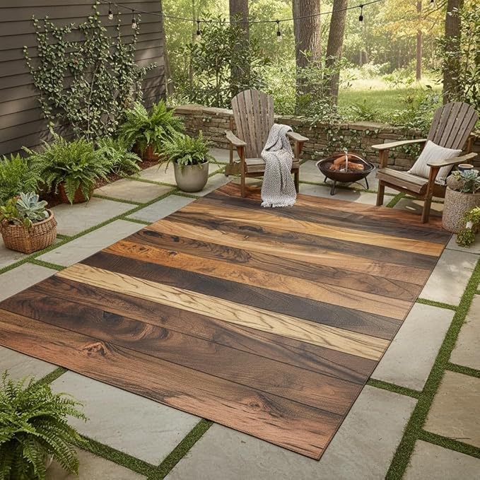 Natural Country Wood Grain Outdoor Rug 9x12 Brown Rustic Wooden Board Farmhouse Outdoor Area Rug Non Skid Waterproof Quick Dry Carpet for Patio Balcony Camping Porch Deck Pool Outdoor Carpets Mat
