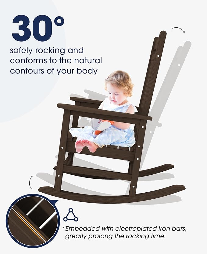 KINGYES Oversized Outdoor Rocking Chair, All-Weather Patio Rocking Chairs for Porch, HDPE Outdoor Patio Rockers with High Back & Wide Seat for Garden, Lawn, Coffee
