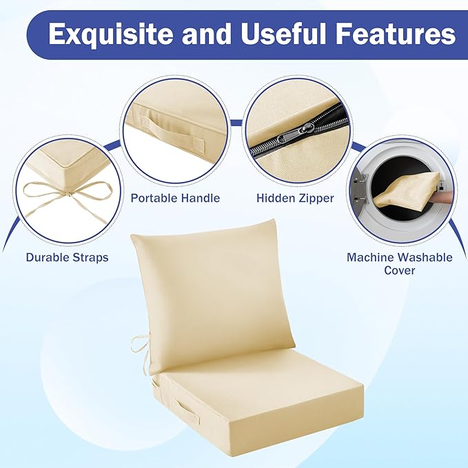 Outdoor Seat Cushion Set, Waterproof & Fade Resistant Patio Chair Cushions, Outdoors Cushion for Patio Furniture, 24 x 24 x 4 Inch, Outdoor Couch Cushions with Handle and Ties, Light Khaki