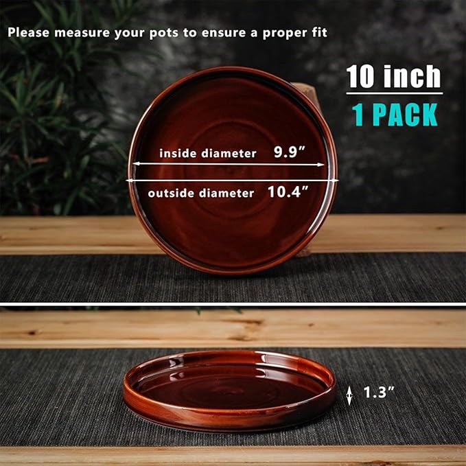 Ceramic Plant Saucer 10 Inch, Round Plant Trays for Indoors/Outdoors, Flower Pot Saucers for Holding Water Drips and Soil, Ceramic Drainage Tray for Plant Pot (Reactive Glaze Brown)