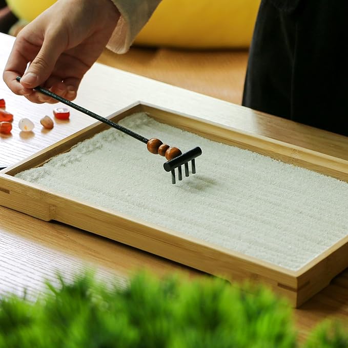 Mini Zen Garden Rake Set - 12 Piece Black Bamboo Sand Rakes with Storage Stand & 6 Crystals - Desktop Meditation Tools for Adults, Stress Relief Zen Gift