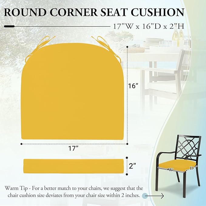 Wellsin Outdoor Chair Cushions for Patio Furniture, 3-Year Color Fastness Patio Chair Cushions Set of 2, Water Resistant Round Corner Outdoor Seat Cushions 17"X16"X2", Yellow