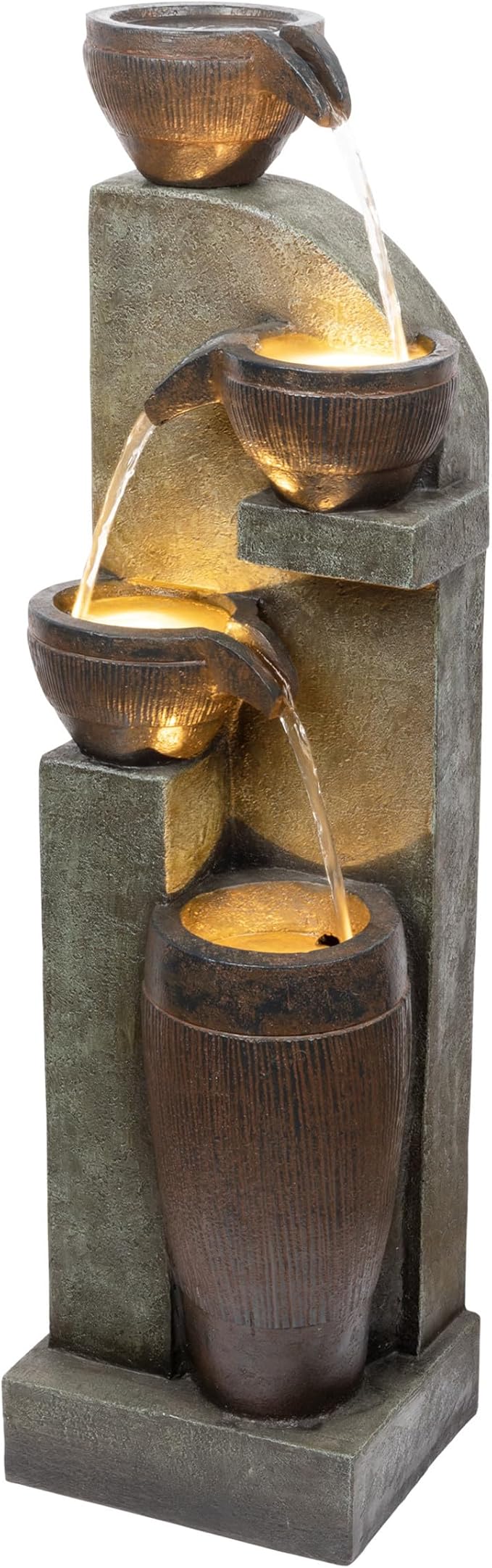 Alpine Corporation 40” Tall Indoor/Outdoor 4-Tier Fountain with LED Lights, Cascading Pot and Bowl Water Feature, Elegant Waterfall for Garden, Patio & Home, Brown