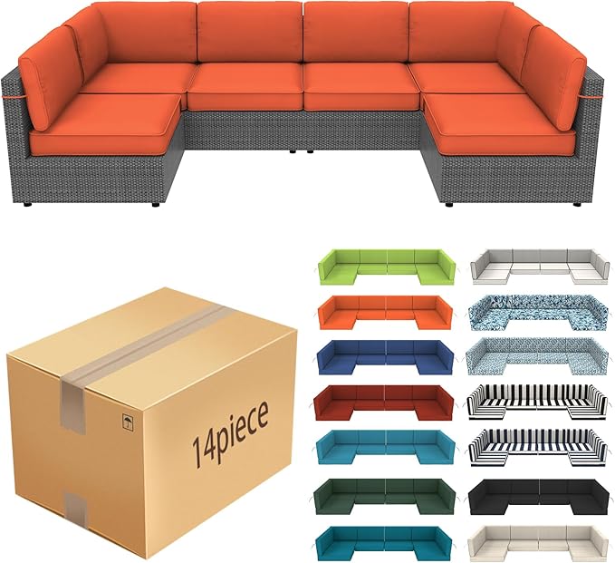 14 Pcs Outdoor Replacement Cushions for Patio Furniture, All Weather Water Resistant Cushion for 6 Seat Rattan Wicker Sectional Patio Conversation Sets and Couch (Orange)