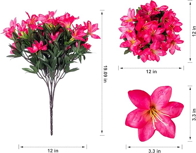 INSPRING Artificial Flowers for Outdoors Outside Decoration, 3 Bundles Spring Fake Silk Azalea Plants UV Resistant Realistic Faux Flowers for Outdoor Planter Front Door Patio Garden Home, Hotpink