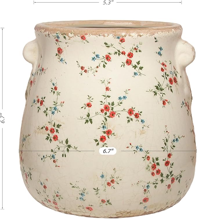 Ceramic Vases for Centerpieces, Shabby Chic Vase & Flower Pot with Drainage, Country Chic Decor for Office Room Garden Balcony Mantel Fireplace Table & Shelf, Red Floral