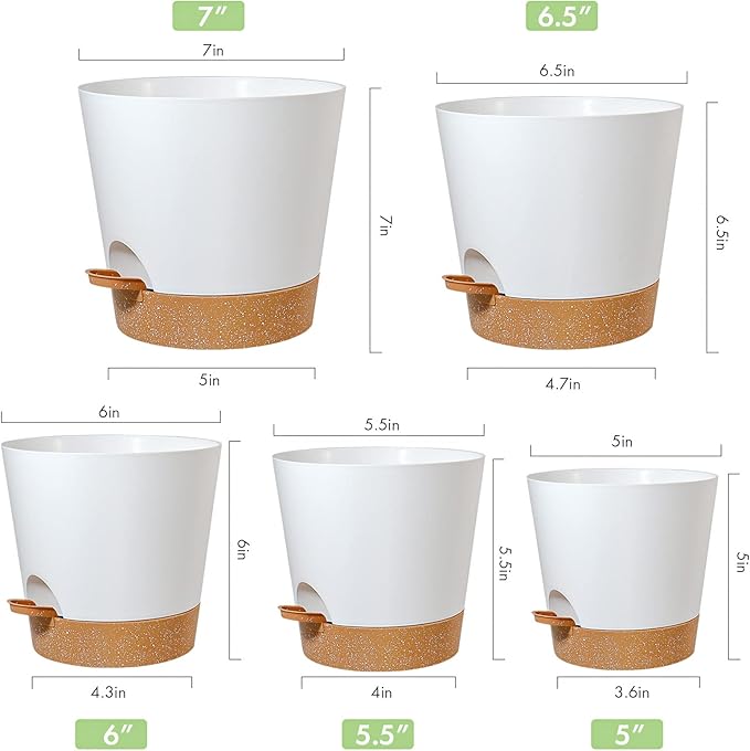 WOUSIWER Plant Pots, 7/6.5/6/5.5/5 Self Watering Plastic Planters with Deep Reservior and High Drainage Holes for Indoor Outdoor Flowers Plants, White with Terracotta