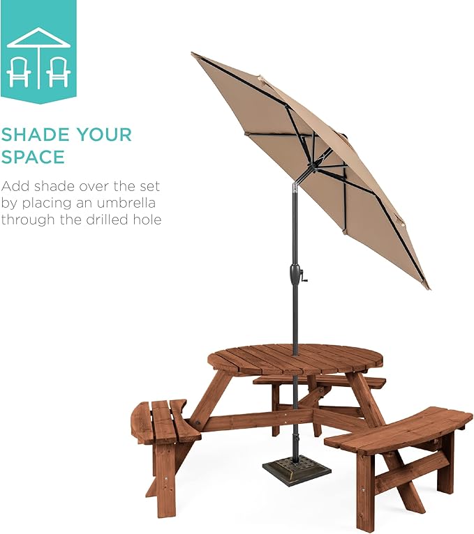 Best Choice Products 6-Person Circular Outdoor Wooden Picnic Table for Patio, Backyard, Garden, DIY w/ 3 Built-in Benches, 500lb Capacity - Walnut Brown