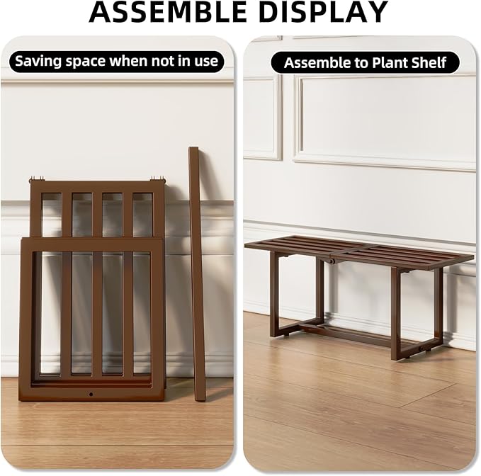 Modern Indoor Plant Stand for Living Room Corner, Foldable Metal Plant Display Shelf for Multiple Pots,Mid Century Slatted Bench for Patio, Garden Load Bearing 330 lbs 26" L x 10.4" H x 8.6" W 2 Pack Coffee