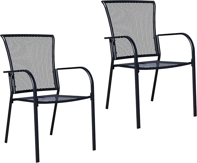 Patio Dining Chairs Set of 2, Black Stackable Outdoor Dining Chairs, Metal Mesh Patio Furniture Set for Garden Backyard Lawn Deck Support Over 300 lbs