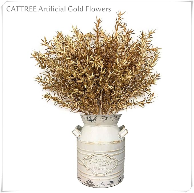 CATTREE Artificial Plants for Christmas, Plastic Grass Faux Shrubs Fake Leaves Simulation Sharp Bushes Home Indoor Outdoor Garden Wedding Festival Decoration Hall Table Planter Filler – Gold 2 Pack