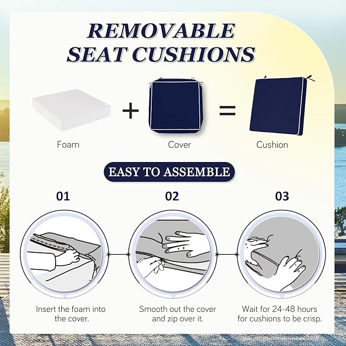 Waterproof Outdoor Chair Cushions Set of 2, Square Outdoor Seat Cushions with Ties and Removable Covers, 19 x 19 Outdoor Cushions for Patio Furniture with Portable Handle(Navy/White)