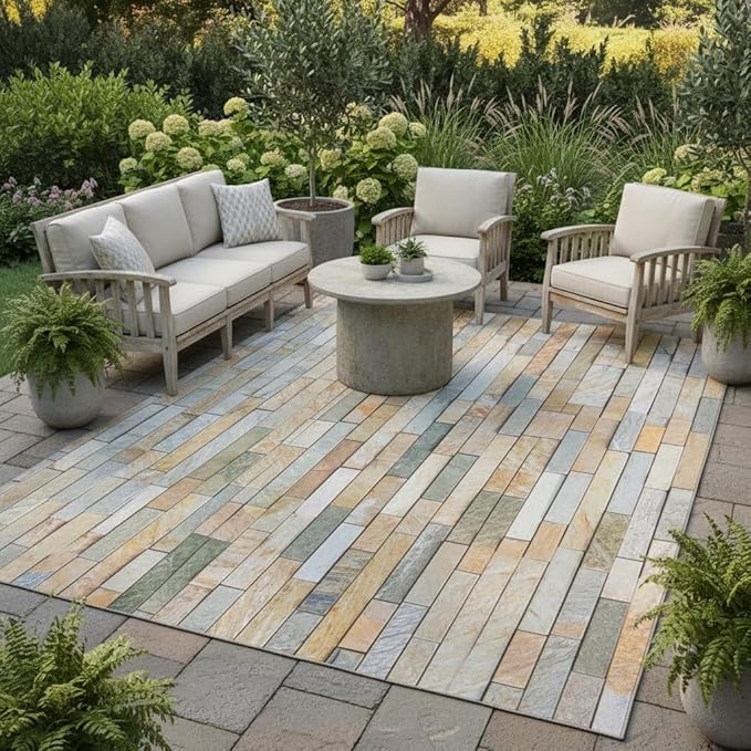 Natural Yellow Brown Grey Brick Stone Wall Texture 6x8 Outdoor Area Rug for Deck Garden Patio Balcony Camping Porch Durable Non Skid Big Rugs Waterproof Stain Resistant Outside Carpet Floorcovers