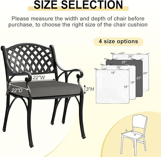 downluxe Waterproof Outdoor Chair Cushions for Patio Furniture, 22" x 22" x 3" Patio Chair Cushion with Non-Slip Ties & Portable Handle, Square Outdoor Cushion with Removable Cover, Dark Grey, 2 Pack