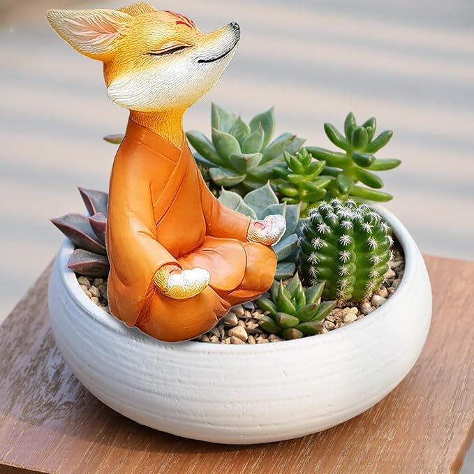 Meditating Buddha Fox Statue Resin Zen Animal Sculpture Yoga Figurine Indoor Outdoor Fengshui Decor for Patio Garden Yard Lawn Tabletop Planter Ponds Pot Bookshelf Spiritual Gifts Ornaments Orange