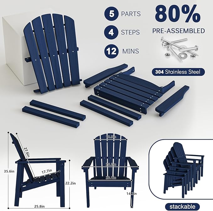 nevilywood Compact Stackable Adirondack Chairs, 26.3" Wide HDPE Outdoor Patio Chairs - Durable, Space-Saving Design for Porch, Lawn or Garden, Navy