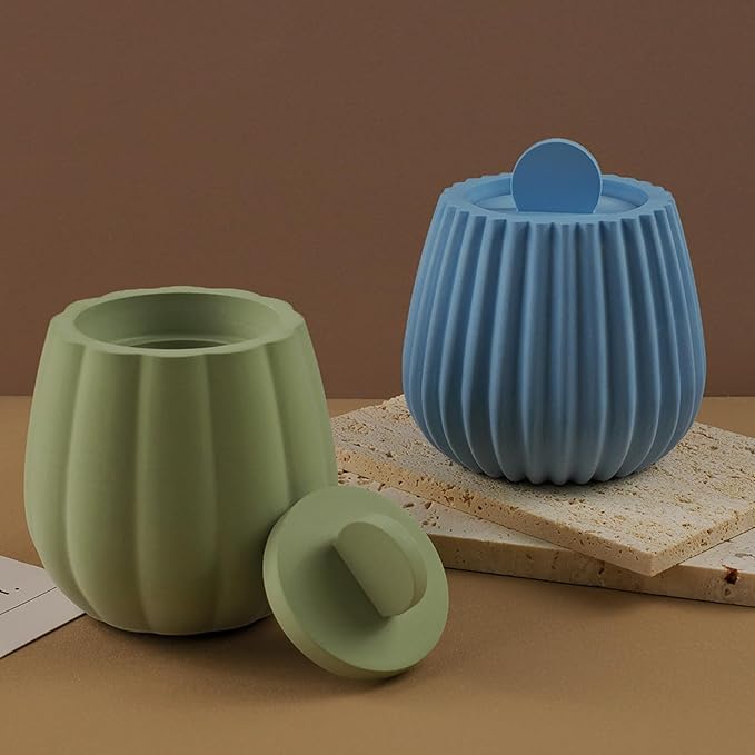 Storage Box with Lids, Silicone Candle Jar Molds Set, Creative Vessels Pot Molds, Concrete Round Stripe with Cover Bottle Making Moulds for Storage Holder (R-2Pcs)